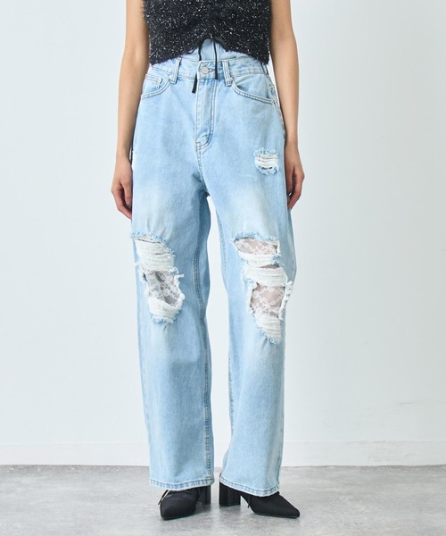 ANAP(アナップ)の「ダメージレースデニムパンツ(デニムパンツ・レディース・ブルー・S/M)」の1枚目の写真