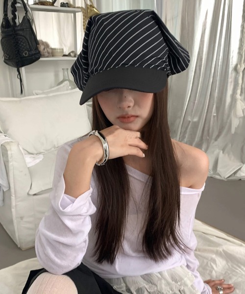 shopnikoniko（ショップニコニコ）の「スカーフ キャップ ストラ イプ柄 バンダナ バブーシュカ（キャップ・レディース・ホワイト/ブラック/ブルー・フリー）」の5枚目の写真