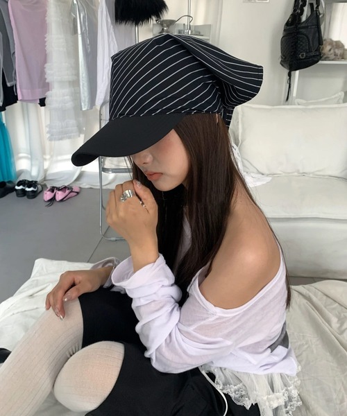 shopnikoniko（ショップニコニコ）の「スカーフ キャップ ストラ イプ柄 バンダナ バブーシュカ（キャップ・レディース・ホワイト/ブラック/ブルー・フリー）」の6枚目の写真