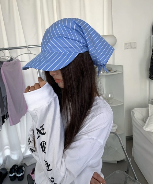 shopnikoniko（ショップニコニコ）の「スカーフ キャップ ストラ イプ柄 バンダナ バブーシュカ（キャップ・レディース・ホワイト/ブラック/ブルー・フリー）」の15枚目の写真