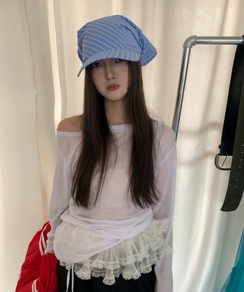 shopnikoniko（ショップニコニコ）の「スカーフ キャップ ストラ イプ柄 バンダナ バブーシュカ（キャップ・レディース・ホワイト/ブラック/ブルー・フリー）」の17枚目の写真