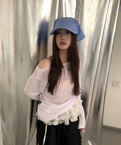 shopnikoniko（ショップニコニコ）の「スカーフ キャップ ストラ イプ柄 バンダナ バブーシュカ（キャップ・レディース・ホワイト/ブラック/ブルー・フリー）」の18枚目の写真