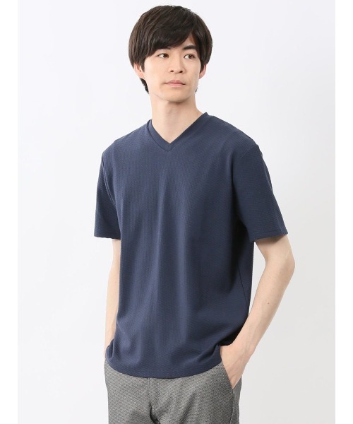 m.f.editorial（エムエフエディトリアル）の「【マシンウォッシャブル】m.f.エディトリアル メンズ バイヤスジャガード Vネック半袖Tシャツ（Tシャツ/カットソー・メンズ・アイボリー/ネイビー・MEDIUM/LARGE/X-LARGE）」の2枚目の写真