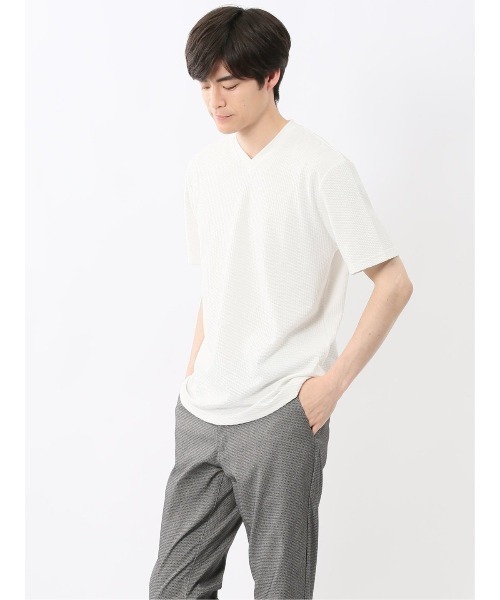 m.f.editorial（エムエフエディトリアル）の「【マシンウォッシャブル】m.f.エディトリアル メンズ バイヤスジャガード Vネック半袖Tシャツ（Tシャツ/カットソー・メンズ・アイボリー/ネイビー・MEDIUM/LARGE/X-LARGE）」の11枚目の写真