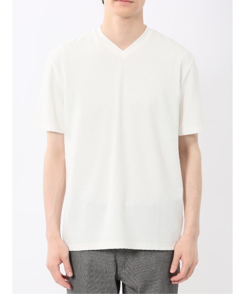 m.f.editorial（エムエフエディトリアル）の「【マシンウォッシャブル】m.f.エディトリアル メンズ バイヤスジャガード Vネック半袖Tシャツ（Tシャツ/カットソー・メンズ・アイボリー/ネイビー・MEDIUM/LARGE/X-LARGE）」の15枚目の写真