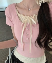 onum（オヌム）の「リボンフリルパフトップス/2タイプ展開 レイヤード風半袖トップス（Tシャツ/カットソー）」