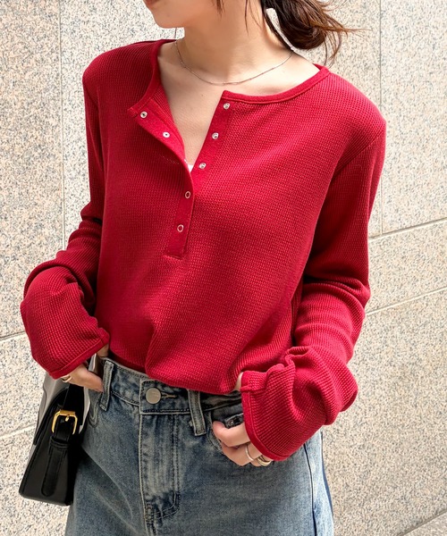 RANAN（ラナン）の「ヘンリーネックワッフルロングTシャツ（Tシャツ/カットソー・レディース・アイボリー/ブラック/その他/グレー/レッド/ネイビー・S/M/L/LL）」の5枚目の写真