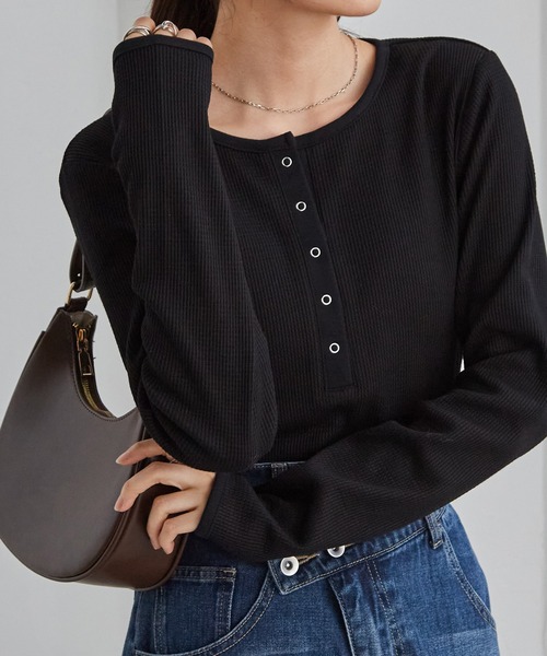 RANAN（ラナン）の「ヘンリーネックワッフルロングTシャツ（Tシャツ/カットソー・レディース・アイボリー/ブラック/その他/グレー/レッド/ネイビー・S/M/L/LL）」の14枚目の写真