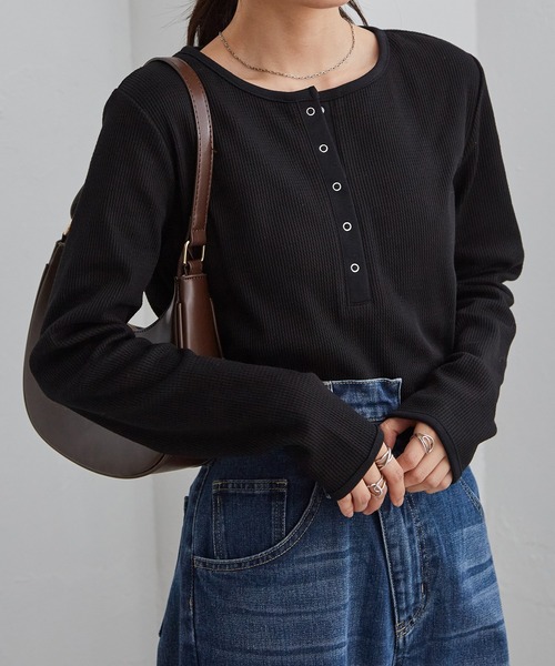 RANAN（ラナン）の「ヘンリーネックワッフルロングTシャツ（Tシャツ/カットソー・レディース・アイボリー/ブラック/その他/グレー/レッド/ネイビー・S/M/L/LL）」の13枚目の写真