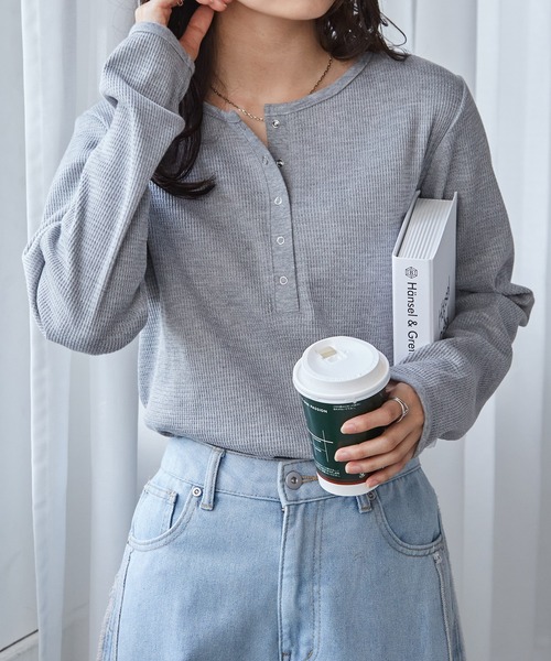 RANAN（ラナン）の「ヘンリーネックワッフルロングTシャツ（Tシャツ/カットソー・レディース・アイボリー/ブラック/その他/グレー/レッド/ネイビー・S/M/L/LL）」の7枚目の写真