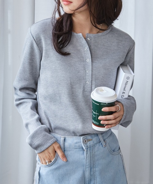 RANAN（ラナン）の「ヘンリーネックワッフルロングTシャツ（Tシャツ/カットソー・レディース・アイボリー/ブラック/その他/グレー/レッド/ネイビー・S/M/L/LL）」の8枚目の写真