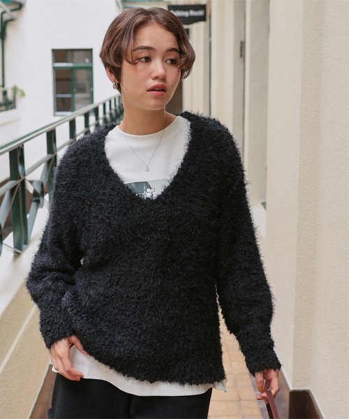 セール】ポコポコシャギーオーバーサイズVネックニット（ニット