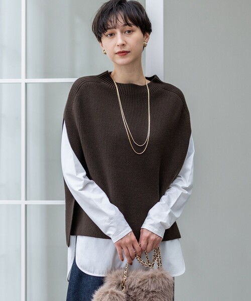 23区 L(ニジュウサンクオオキイサイズ)の「【洗える】コットンリリー モックネックニットベスト(ベスト・レディース・ダークブラウン系/アイボリー系/ライトグレー系/ブラック系・46/44)」の4枚目の写真