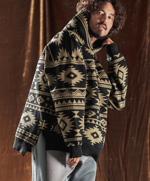 ANGENEHM(アンゲネーム)の「mpa3883-Native Pattern Hoodie -Airy Yarn Sweater- ニットフーディー(AG05-009acf)(パーカー・メンズ・ブラック/チャコール/ネイビー・M/S/L)」の1枚目の写真