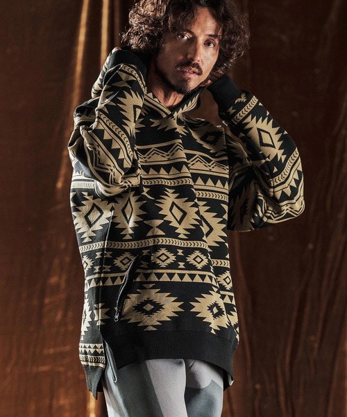 ANGENEHM(アンゲネーム)の「mpa3883-Native Pattern Hoodie -Airy Yarn Sweater- ニットフーディー(AG05-009acf)(パーカー・メンズ・ブラック/チャコール/ネイビー・M/S/L)」の6枚目の写真