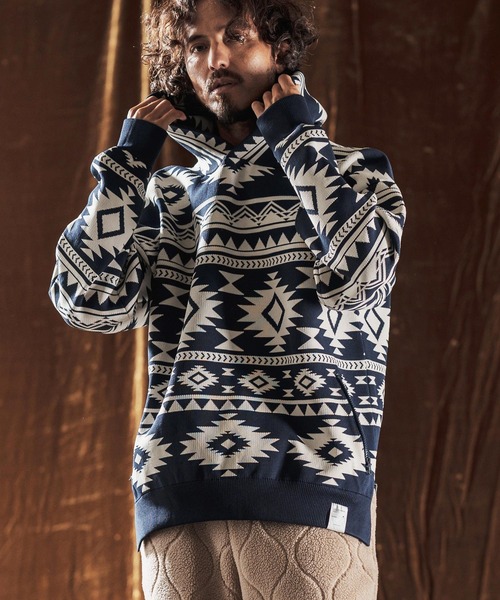ANGENEHM(アンゲネーム)の「mpa3883-Native Pattern Hoodie -Airy Yarn Sweater- ニットフーディー(AG05-009acf)(パーカー・メンズ・ブラック/チャコール/ネイビー・M/S/L)」の14枚目の写真