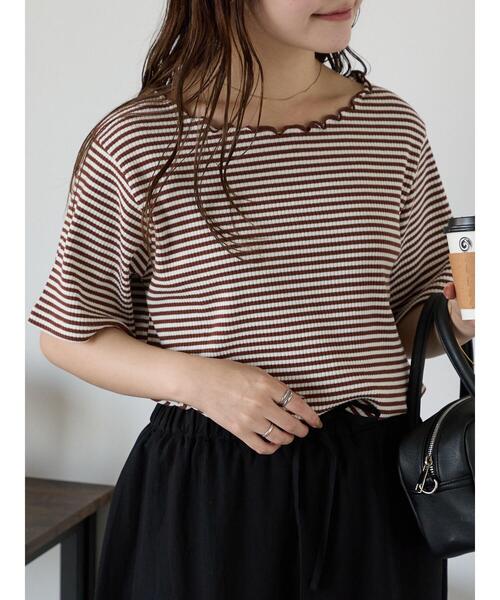 ehka sopo（エヘカソポ）の「リブメローボーダーカットソー（Tシャツ/カットソー・レディース・ブラック/グレー/ネイビー/ブラウン・F）」の4枚目の写真