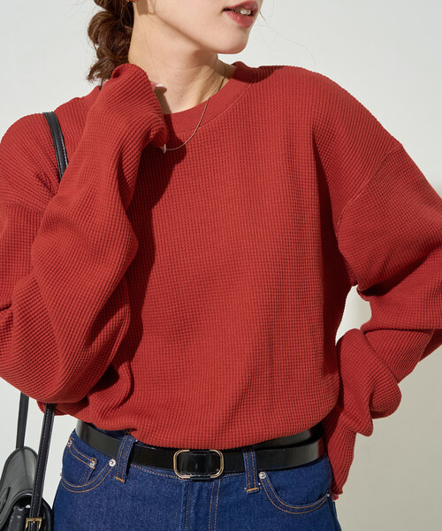 FREAK'S STORE（フリークスストア）の「限定展開　ワッフル クルーネック チュニック プルオーバー（Tシャツ/カットソー・レディース・オフホワイト/レッド/イエロー/ブルー/ブラック/ベージュ/グレー/オリーブ・ﾌﾘ-）」の8枚目の写真