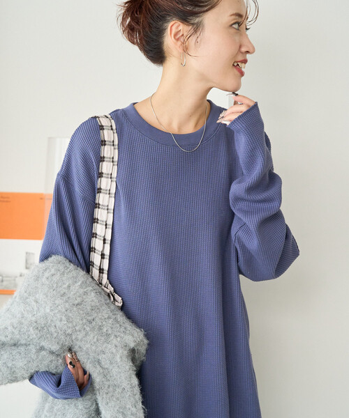 FREAK'S STORE（フリークスストア）の「限定展開　ワッフル クルーネック チュニック プルオーバー（Tシャツ/カットソー・レディース・オフホワイト/レッド/イエロー/ブルー/ブラック/ベージュ/グレー/オリーブ・ﾌﾘ-）」の6枚目の写真