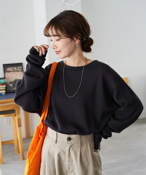 FREAK'S STORE（フリークスストア）の「限定展開　ワッフル クルーネック チュニック プルオーバー（Tシャツ/カットソー・レディース・オフホワイト/レッド/イエロー/ブルー/ブラック/ベージュ/グレー/オリーブ・ﾌﾘ-）」の13枚目の写真