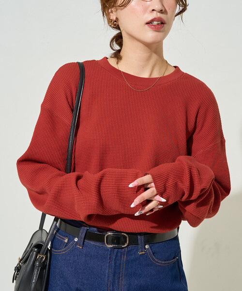 FREAK'S STORE（フリークスストア）の「限定展開　ワッフル クルーネック チュニック プルオーバー（Tシャツ/カットソー・レディース・オフホワイト/レッド/イエロー/ブルー/ブラック/ベージュ/グレー/オリーブ・ﾌﾘ-）」の21枚目の写真