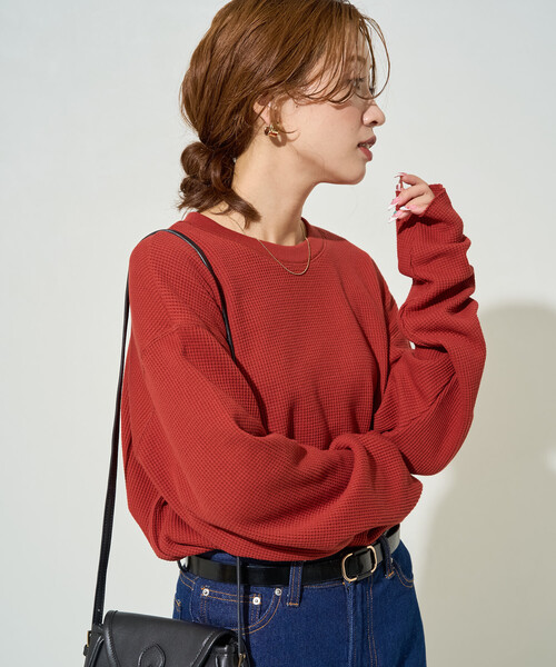 FREAK'S STORE（フリークスストア）の「限定展開　ワッフル クルーネック チュニック プルオーバー（Tシャツ/カットソー・レディース・オフホワイト/レッド/イエロー/ブルー/ブラック/ベージュ/グレー/オリーブ・ﾌﾘ-）」の22枚目の写真