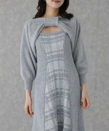 配色 チェック柄 レイヤード ニット ワンピース