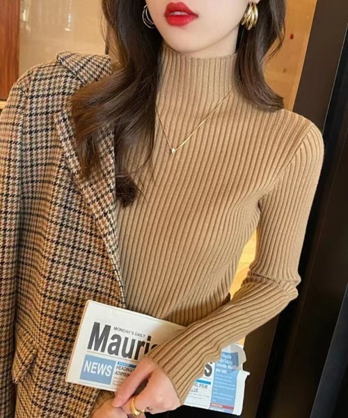 Beststore(ベストストア)の「ハイネック リブニット 長袖(ニット/セーター・レディース・グレー/ブラック/ライトベージュ/ホワイト/キャメル/ブラウン/レッド・FREE)」の6枚目の写真