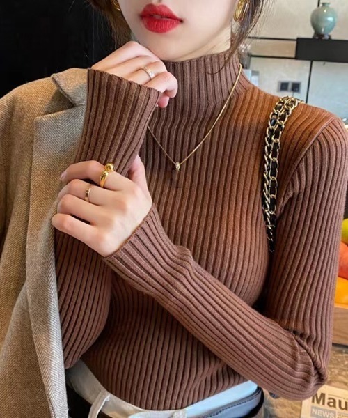 Beststore(ベストストア)の「ハイネック リブニット 長袖(ニット/セーター・レディース・グレー/ブラック/ライトベージュ/ホワイト/キャメル/ブラウン/レッド・FREE)」の4枚目の写真