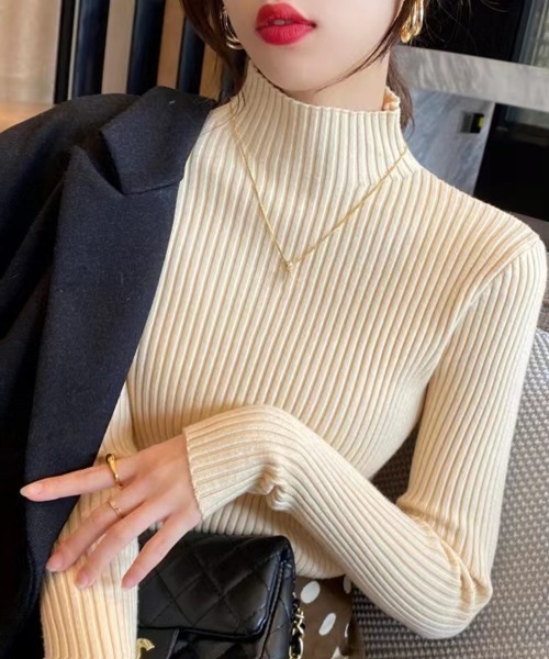 Beststore(ベストストア)の「ハイネック リブニット 長袖(ニット/セーター・レディース・グレー/ブラック/ライトベージュ/ホワイト/キャメル/ブラウン/レッド・FREE)」の5枚目の写真