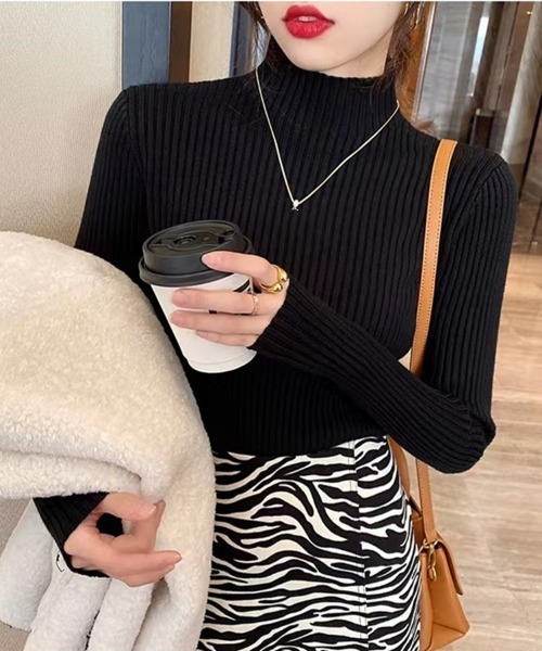 Beststore(ベストストア)の「ハイネック リブニット 長袖(ニット/セーター・レディース・グレー/ブラック/ライトベージュ/ホワイト/キャメル/ブラウン/レッド・FREE)」の2枚目の写真