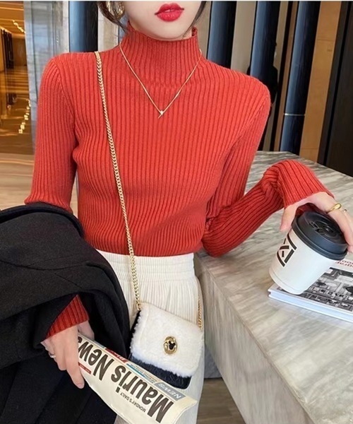 Beststore(ベストストア)の「ハイネック リブニット 長袖(ニット/セーター・レディース・グレー/ブラック/ライトベージュ/ホワイト/キャメル/ブラウン/レッド・FREE)」の9枚目の写真