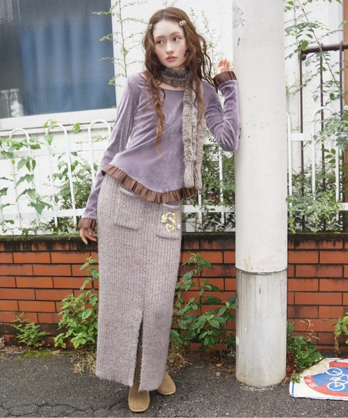 musubore（ムスボレ）の「feather yarn knit skirt / フェザーヤーンニットスカート（スカート・レディース・パープル/ブラック/カーキ・FREE）」の3枚目の写真