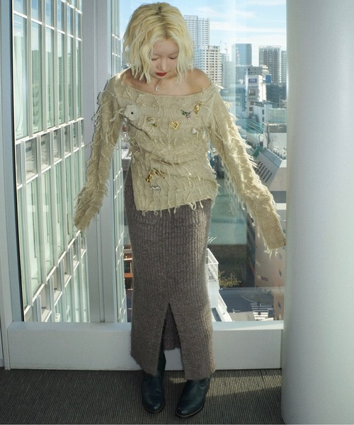 musubore（ムスボレ）の「feather yarn knit skirt / フェザーヤーンニットスカート（スカート・レディース・パープル/ブラック/カーキ・FREE）」の19枚目の写真