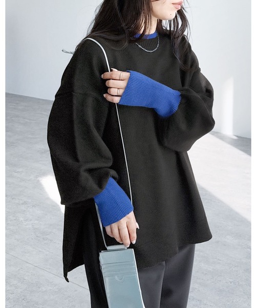 reca(レカ)の「モックネック配色ニット(ニット/セーター・レディース・モカ/グレー/ブラック・M)」の2枚目の写真