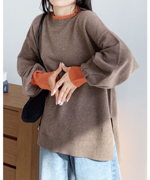 reca(レカ)の「モックネック配色ニット(ニット/セーター・レディース・モカ/グレー/ブラック・M)」の3枚目の写真