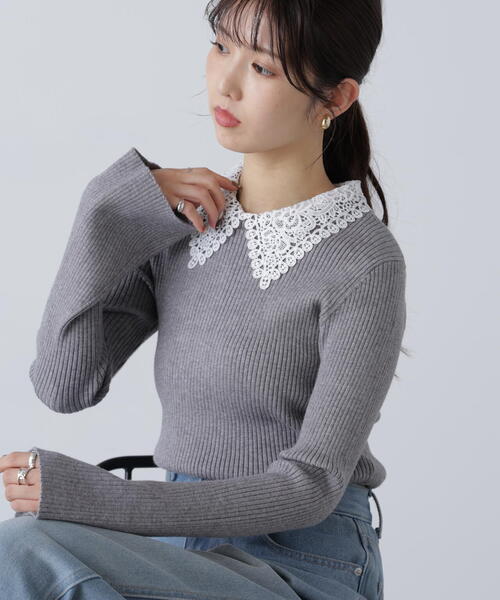 FREE'S MART(フリーズマート)の「◇〈MFM〉レース襟取り外し可能レース襟リブニット(ニット/セーター・レディース・ブラック/グレー系その他/ピンク/ネイビー・FREE)」の3枚目の写真