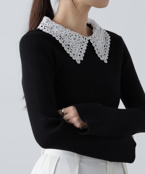 FREE'S MART(フリーズマート)の「◇〈MFM〉レース襟取り外し可能レース襟リブニット(ニット/セーター・レディース・ブラック/グレー系その他/ピンク/ネイビー・FREE)」の2枚目の写真