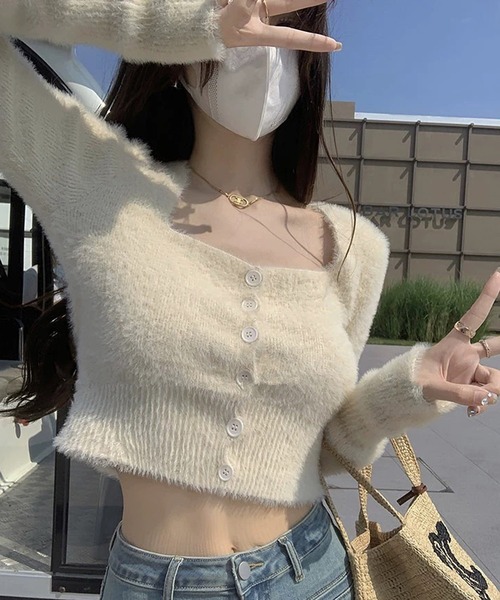 shopnikoniko（ショップニコニコ）の「シャギーニット カーディガン ショート丈 クロップド丈 カーデ（カーディガン/ボレロ・レディース・ホワイト/ブラック・フリー）」の8枚目の写真