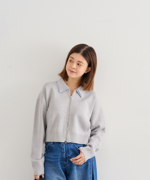 U by SPICK&SPAN（ユーバイスピックアンドスパン）の「ダブルカラーニットカーデ（カーディガン/ボレロ・レディース・グレー/ネイビー・FREE）」の7枚目の写真