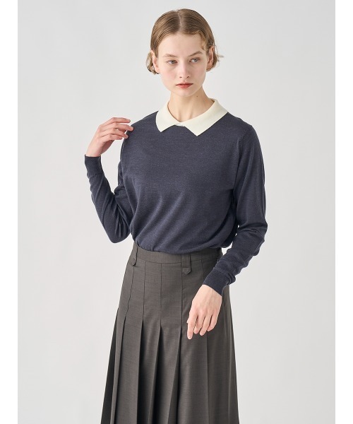 JOHN SMEDLEY 長袖クレリックニットポロシャツ チャコール M 美品 バイカラー長袖クレリックニットポロシャツ（ニット/セーター）｜JOHN
