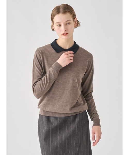 バイカラー長袖クレリックニットポロシャツ（ニット/セーター）｜JOHN