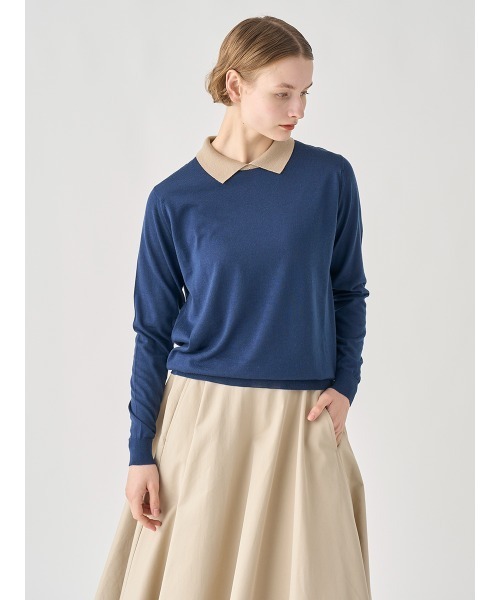 バイカラー長袖クレリックニットポロシャツ（ニット/セーター）｜JOHN