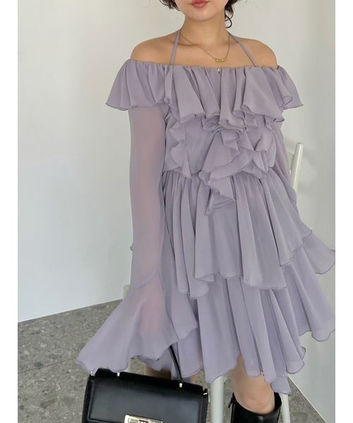 SNIDEL（スナイデル）の「シフォンフリルミニコンビワンピース（ワンピース・レディース・ラベンダー/アイボリー/ブラック・1/0）」の4枚目の写真