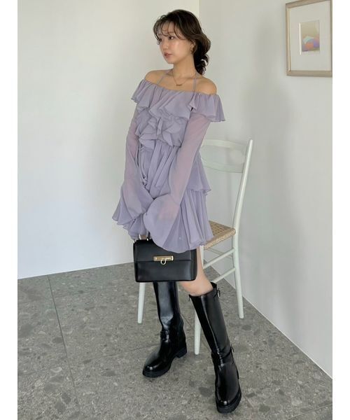 SNIDEL（スナイデル）の「シフォンフリルミニコンビワンピース（ワンピース・レディース・ラベンダー/アイボリー/ブラック・1/0）」の6枚目の写真