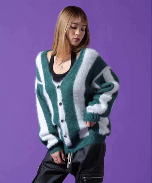 DANKE SCHON（ダンケシェーン）の「【WEB&DEPOT限定】DankeSchon/ダンケシェーン/SHAGGY STRIPE CARDIGAN（カーディガン/ボレロ・メンズ・モスグリーン/ブラック・L/XL/M）」の2枚目の写真