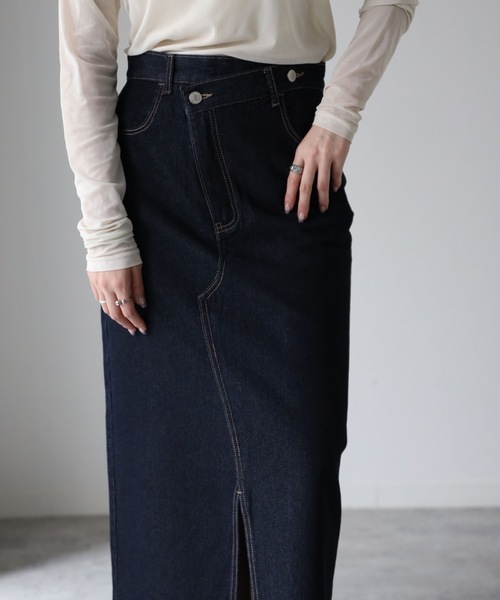 【 YENNA Original Jeans 】クロスデザインスリットデニムスカート