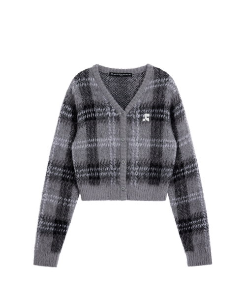 CHECK PATTERN HAIRY KNIT CARDIGAN - GREY