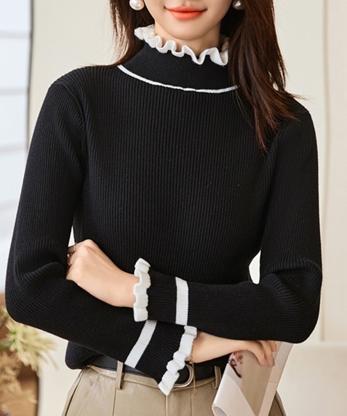 フリルネック配色リブニットトップス（ニット/セーター）｜ONEP STAR