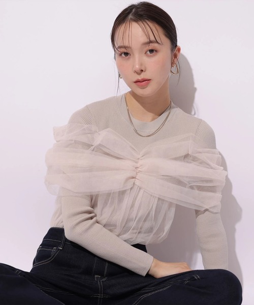 Mystrada(マイストラーダ)の「チュールペプラムドッキングニット(ニット/セーター・レディース・ブラック/ピンクベージュ/オフホワイト・38)」の3枚目の写真